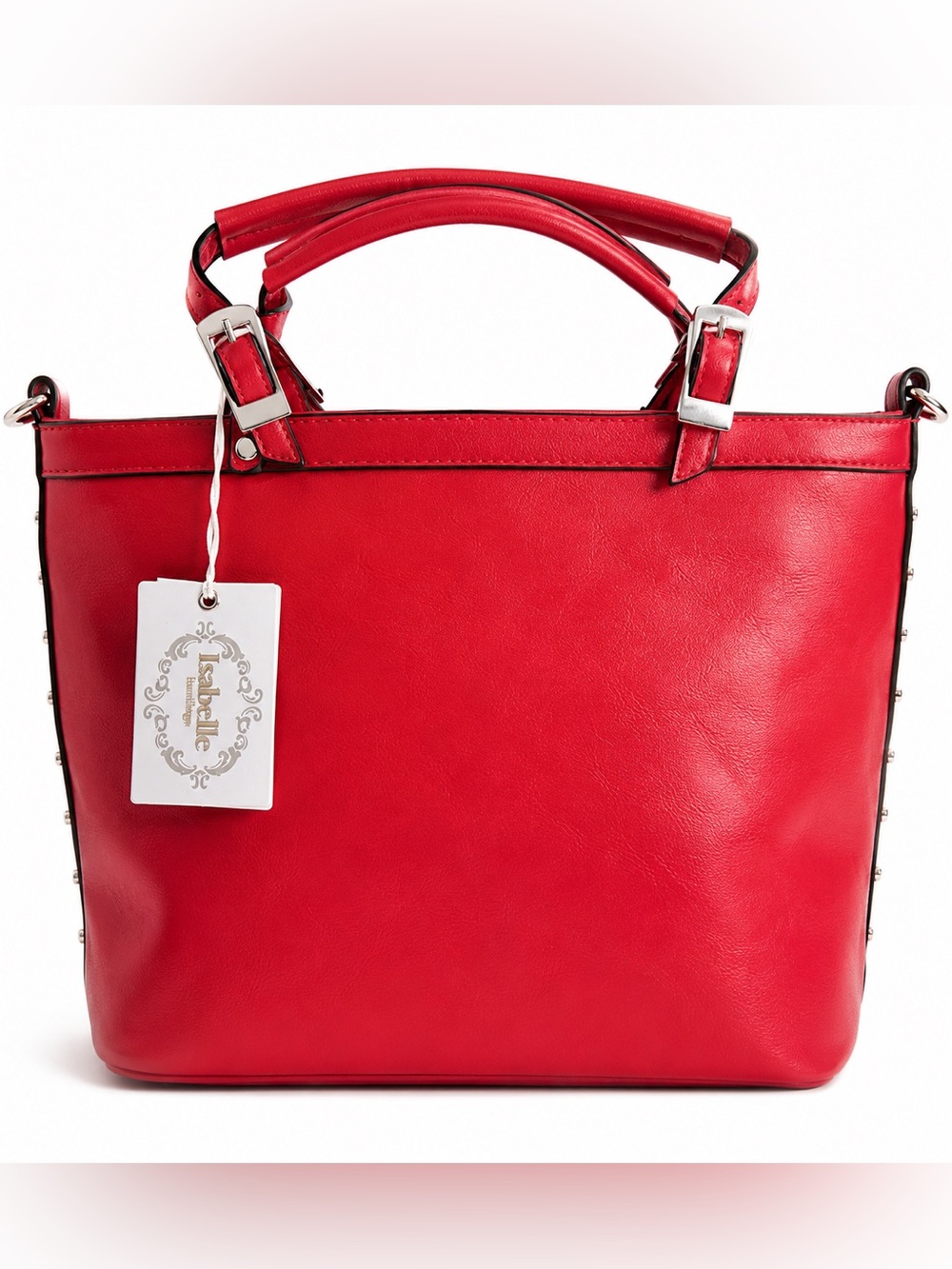 Isabelle Boutique Vegan Leather Tote Bag, Fun Red Color, Stud Accents, NWT